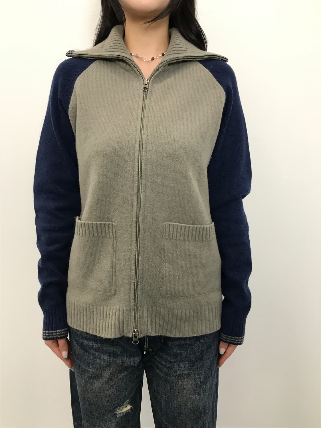 00's Adidas Knit Zip Jacket Beige Navy 상품이미지3