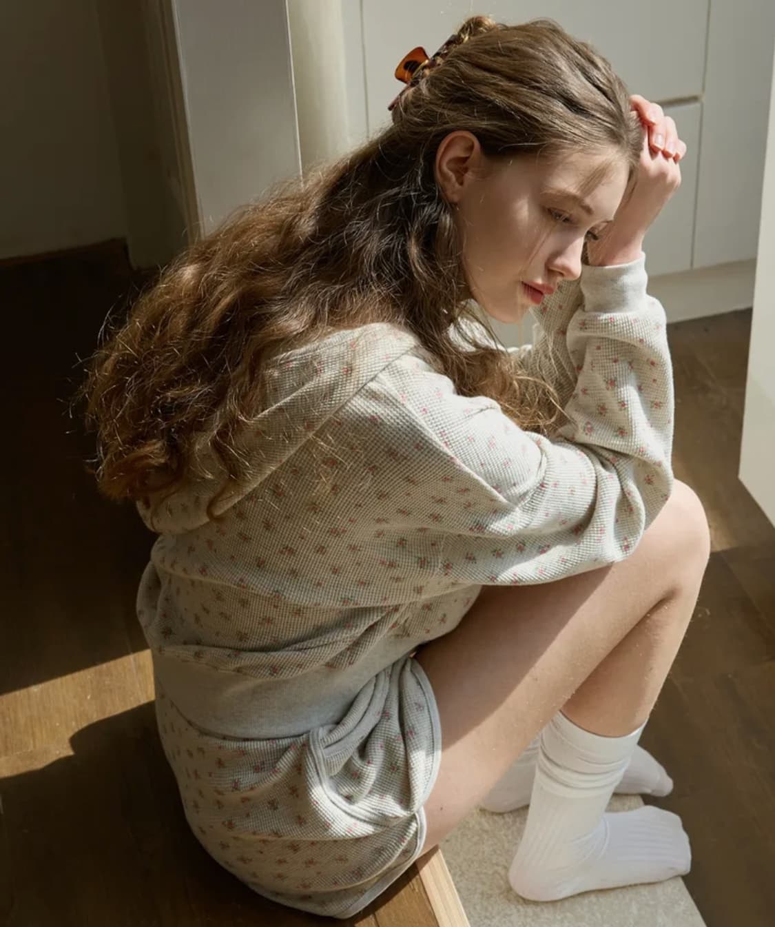 새상품)) 레터프롬문 앤디 플라워 와플 후드 집업 쇼츠 세트 오트밀 상품이미지2