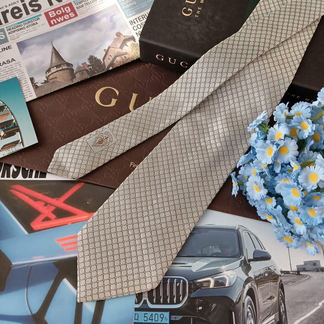 구찌 실크 실버&베이지 G로고 패턴 넥타이 9.4cm B등급 A19055 상품이미지2