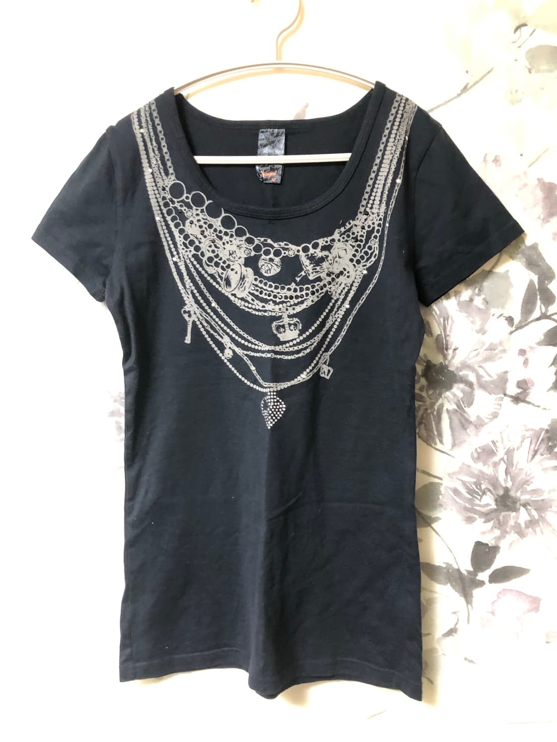 빈티지 큐빅 장식 반팔 티셔츠 갸루 블랙 상품이미지1