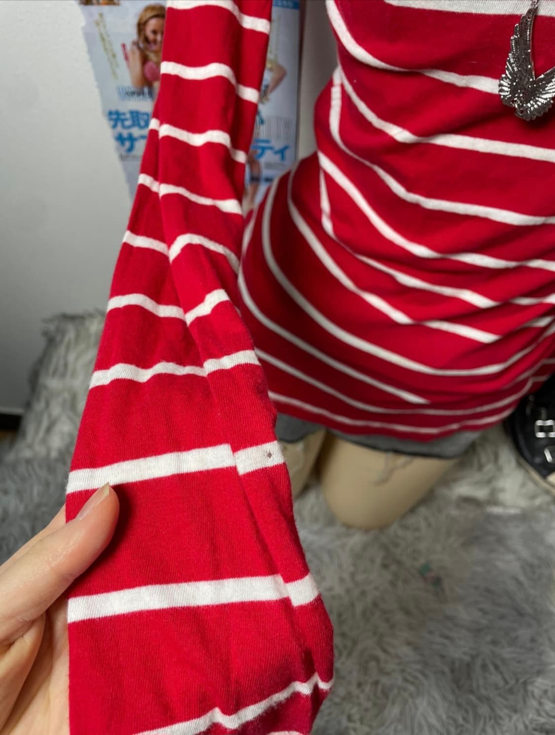 미국 빈티지 롱슬리브 아베크롬비 스트라이프 레드 탑 브이넥 상품이미지5