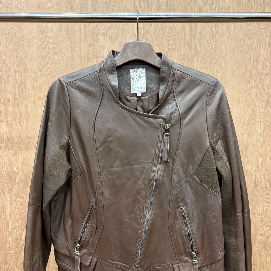 빈티지 레더 라이더 자켓 소매 스트레치 패널 배색 포켓 디테일 브라운 상품이미지4