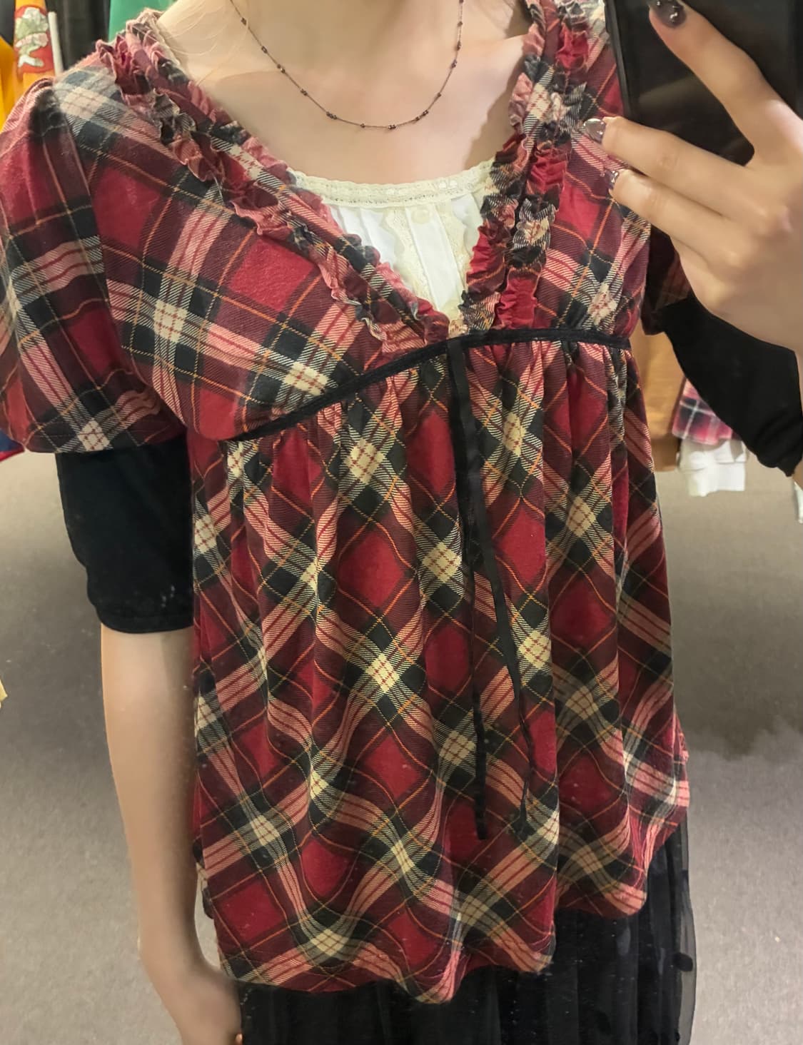 38)Japanese vintage 여성 타탄체크 레이스 펑크 반팔 상품이미지2