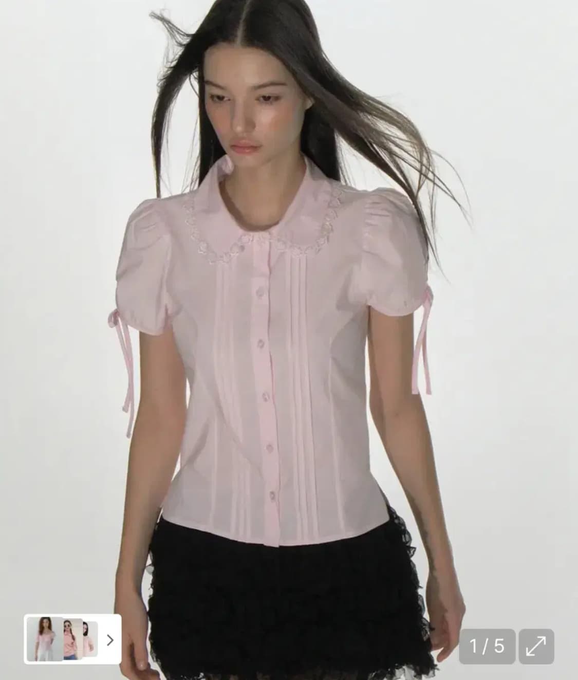크랭크 핀턱 레이스 카라 블라우스 핑크 상품이미지1