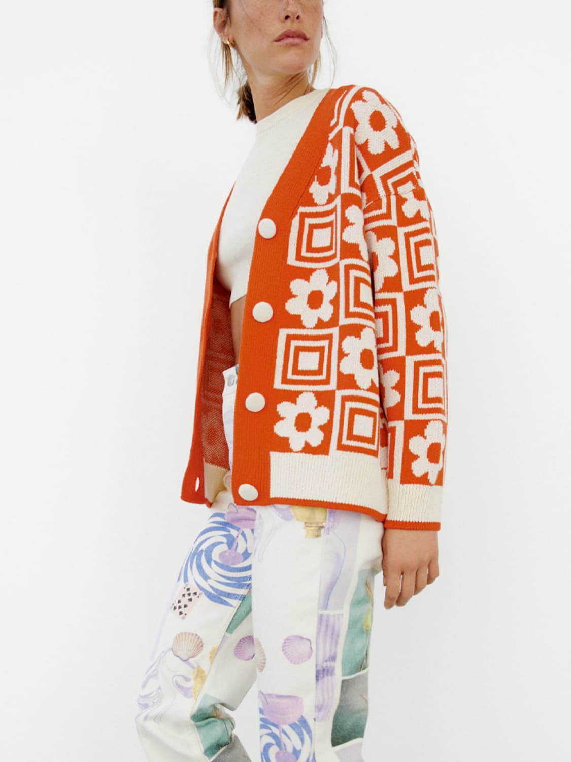 자라 플라워 패턴 오렌지 니트 가디건 S사이즈 55~77 상품이미지1