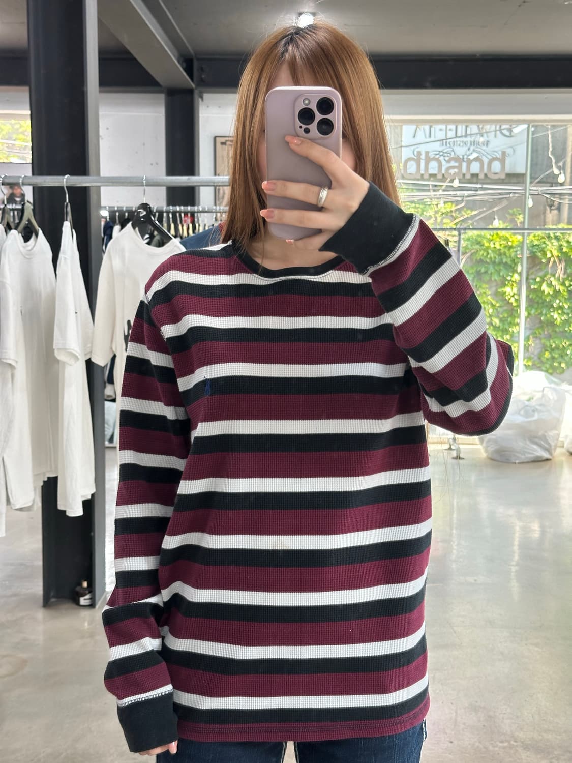 폴로 스트라이프 와플 롱슬리브 버건디 상품이미지3