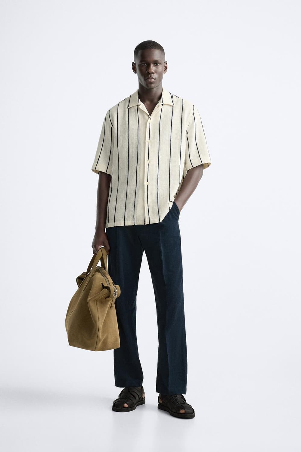[XL] 자라 zara 네이비 스트라이프 오픈카라 반팔 셔츠 옴므 화이트 상품이미지2