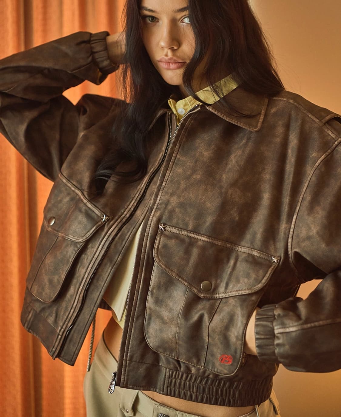 비터셀즈 스타 레더 자켓(워시드)(크롭핏)-브라운 상품이미지2