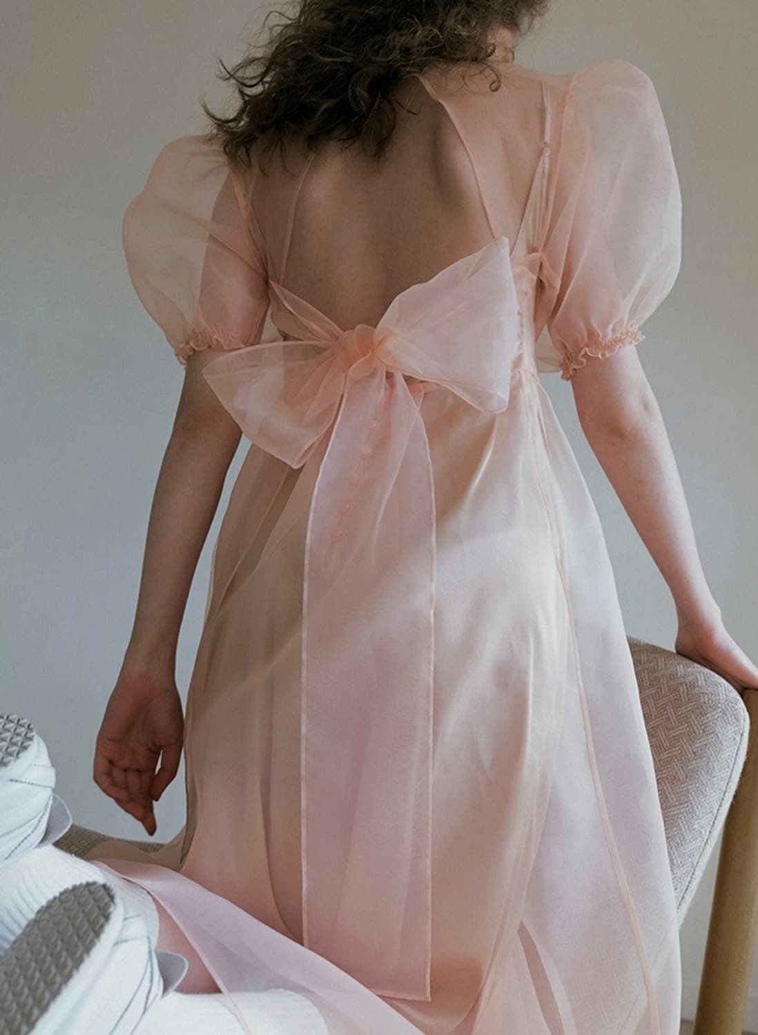 오버듀플레어 백 리본 오간자 쉬폰 레이어 드레스 원피스 피치 상품이미지3