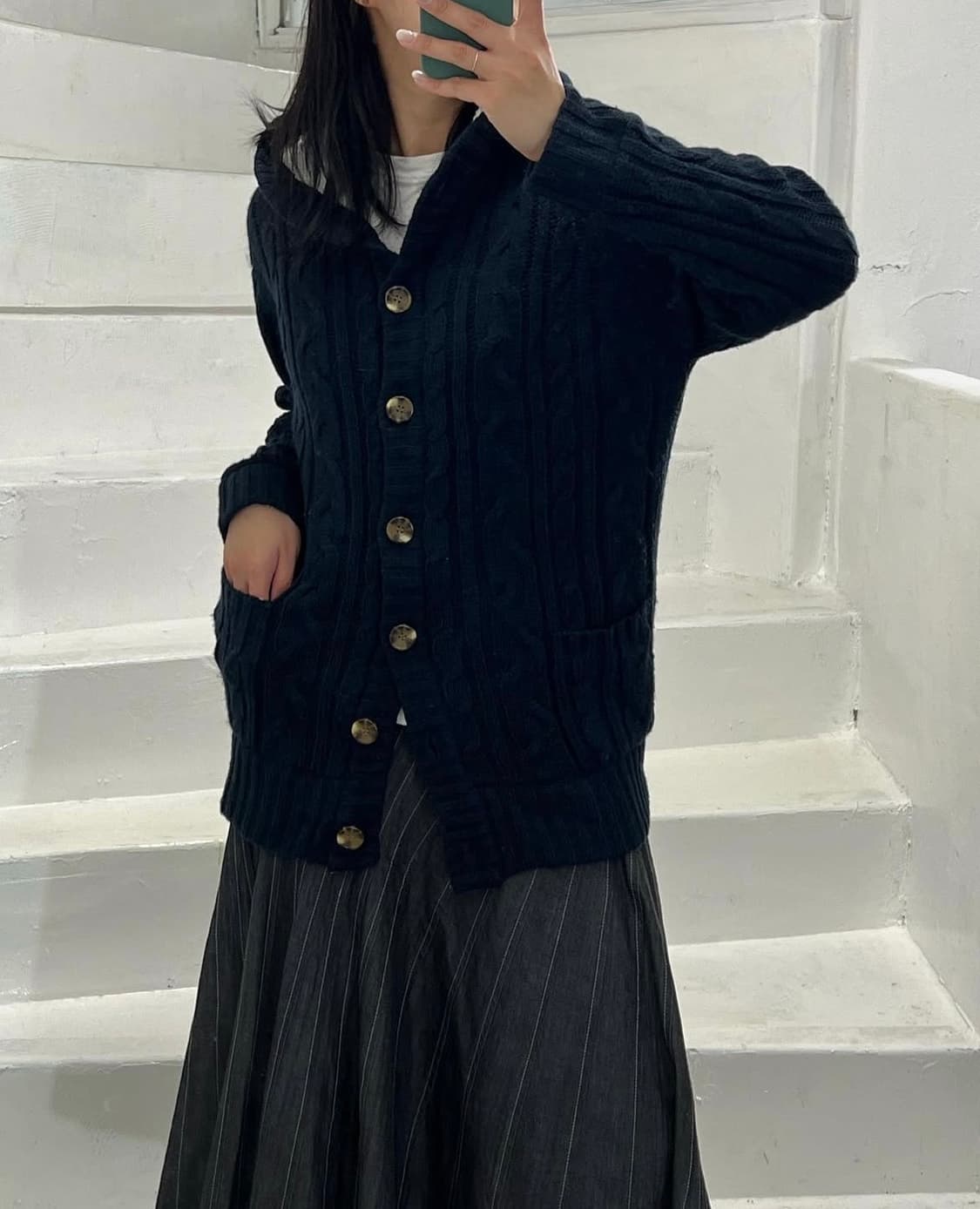 빈티지 퍼 후드 가디건 - navy 상품이미지5