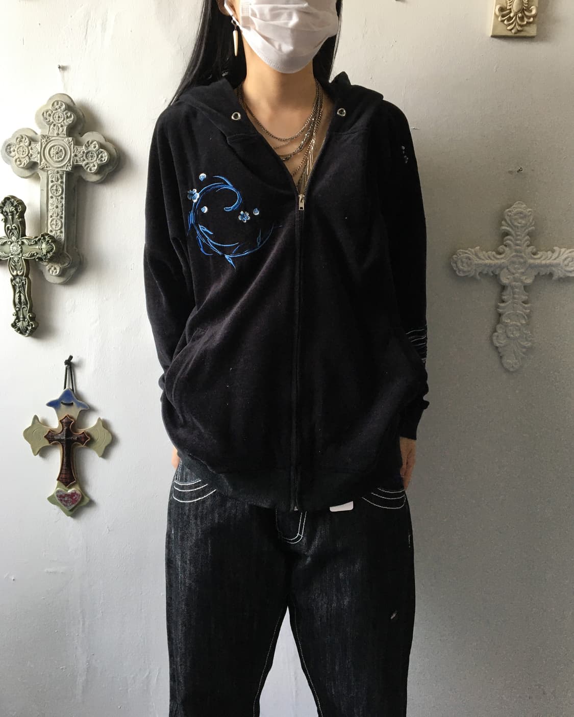 Oriental needle work velvet hood zip up 상품이미지7