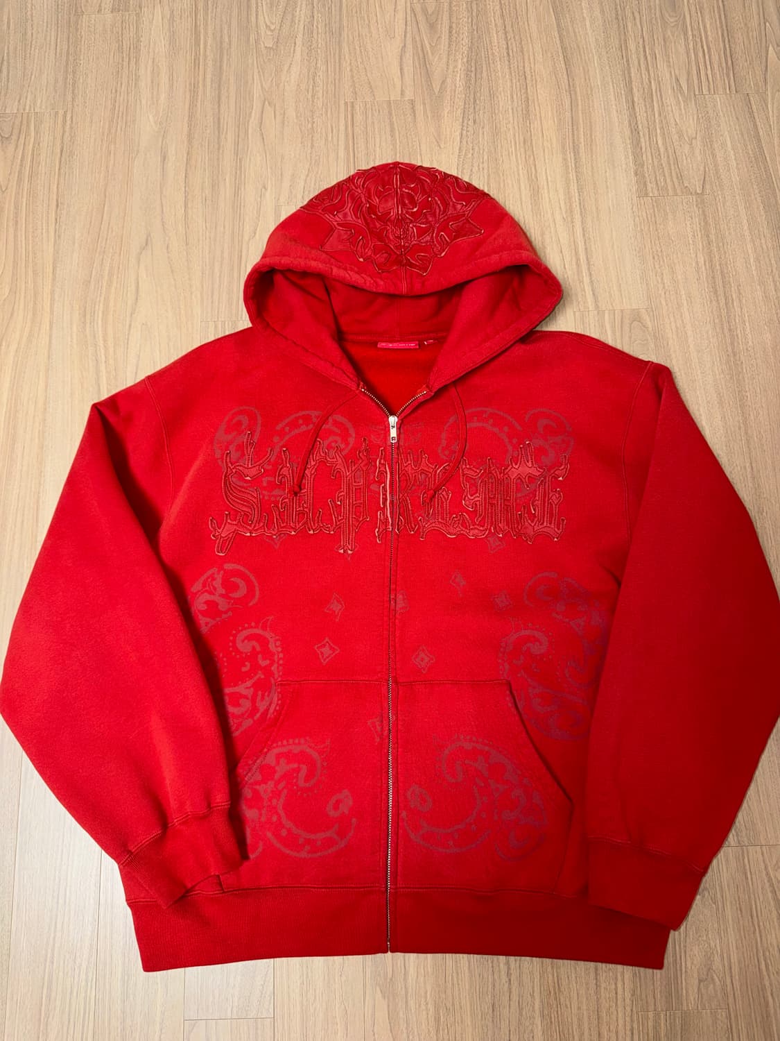 슈프림 레더 아플리케 집업 후드 스웨트셔츠 번트 레드 XL 상품이미지1