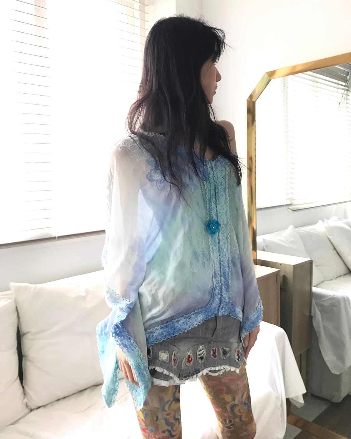 Blue tie-dye bohemian lace box blouse 상품이미지7
