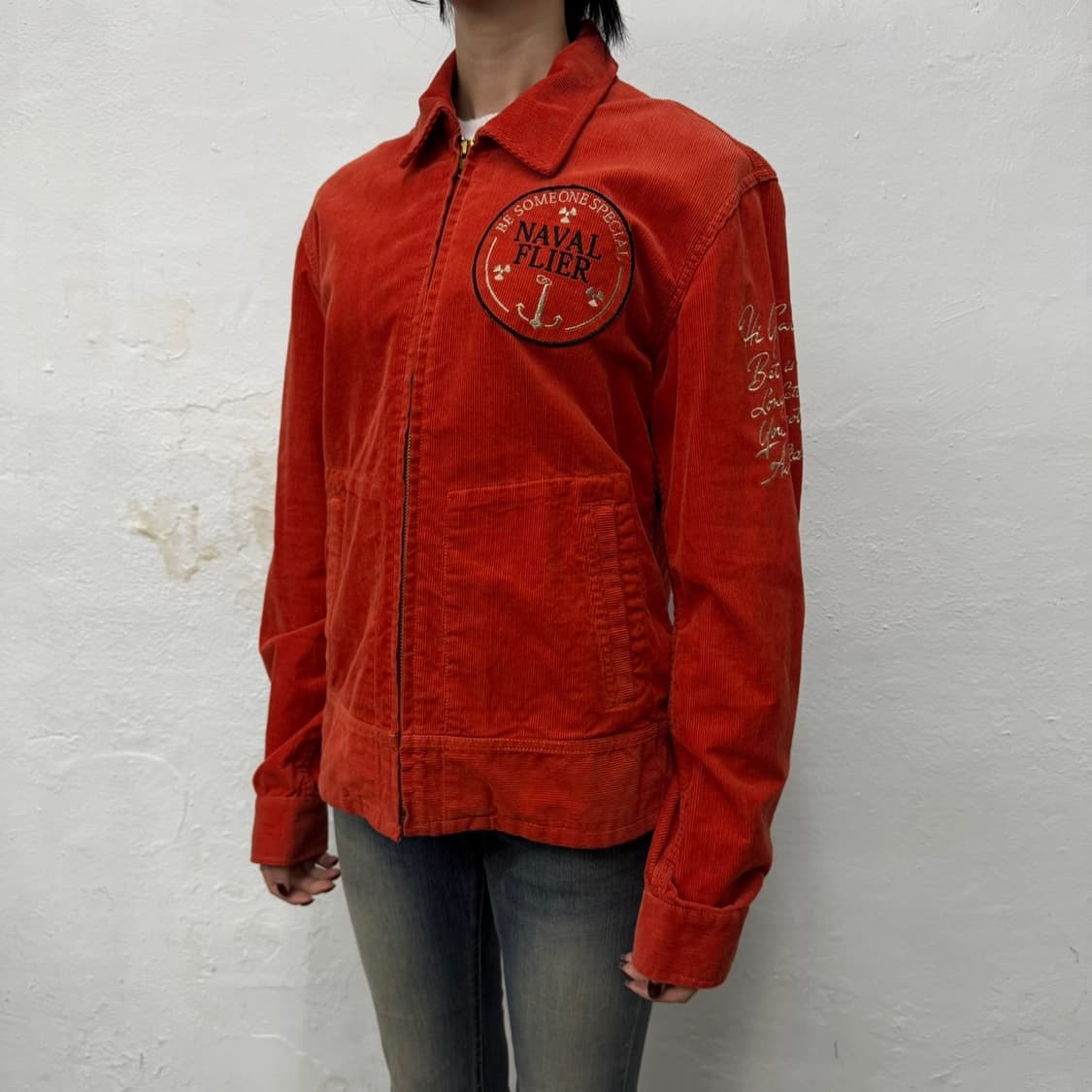 아비렉스 오렌지컬러 양면 자수로고 나발 플라이트 코듀로이 블루종 자켓 상품이미지1