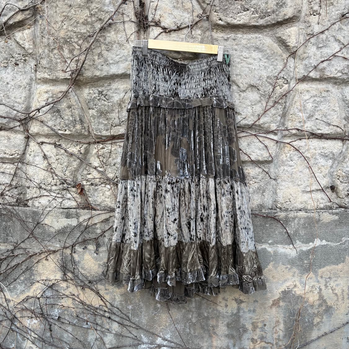 빈티지 엔틱 벨벳 레이어드 셔링 레이스 롱 스커트 상품이미지2