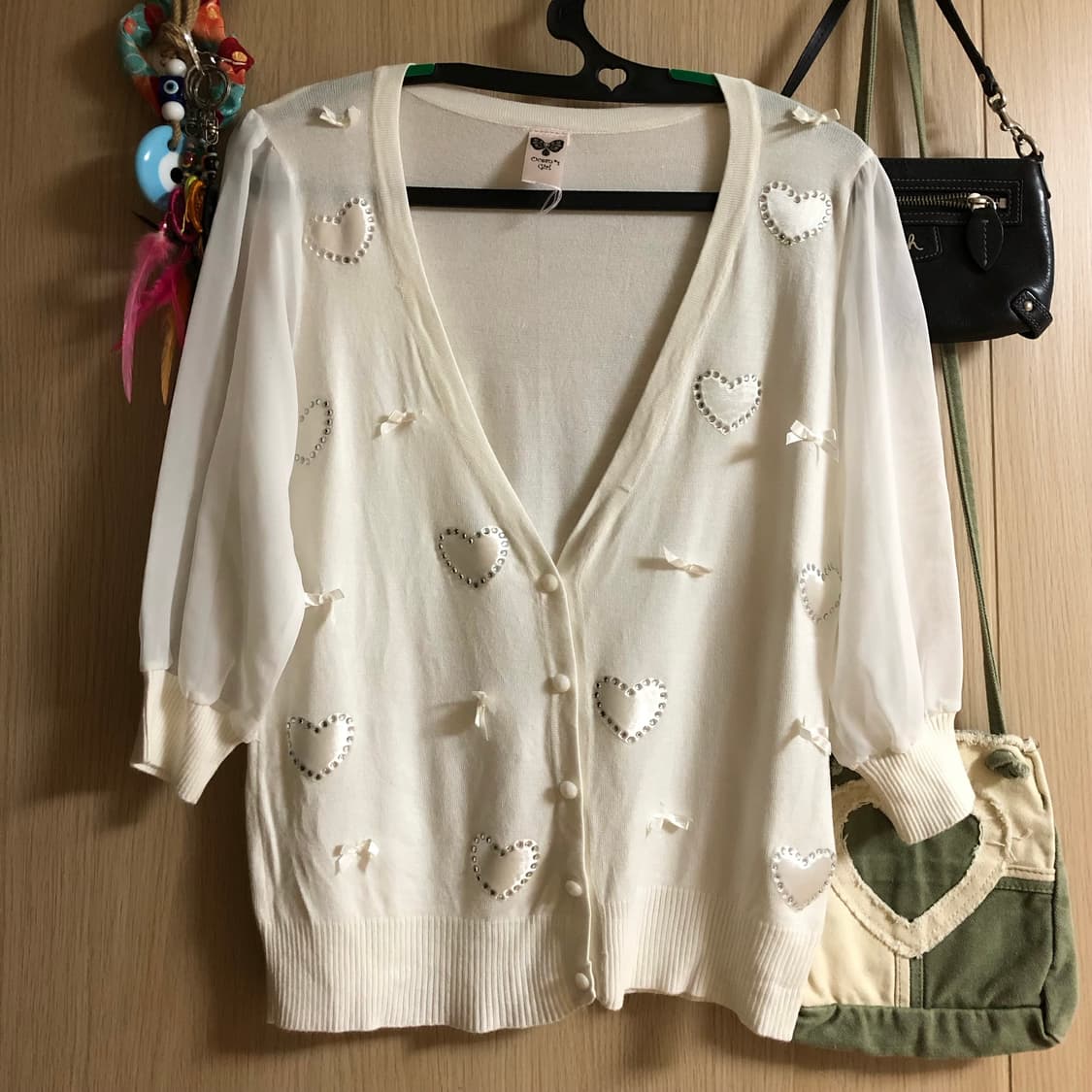 Y2K 하트 쥬얼 포인트 시스루 가디건 상품이미지1