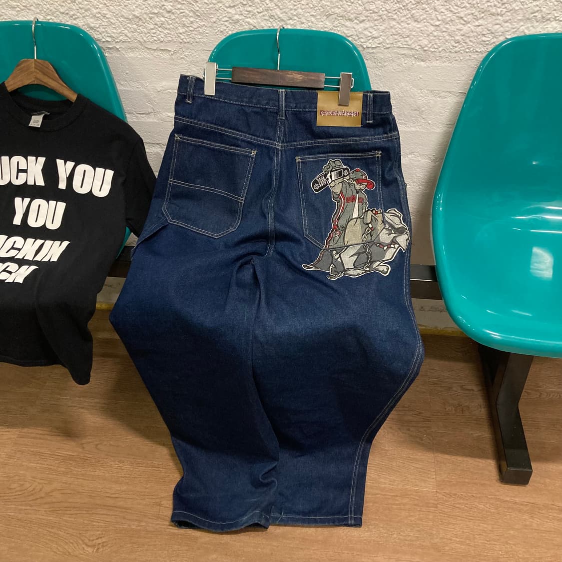 스쿨오브하드낙 올드스쿨 힙합 자수 카펜터 데님 팬츠 상품이미지3