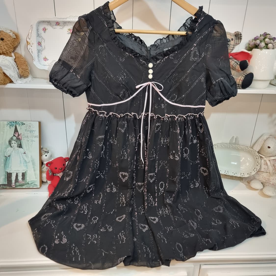 (MILK/밀크) 블랙 쉬폰 프린트 리본 원피스 상품이미지7