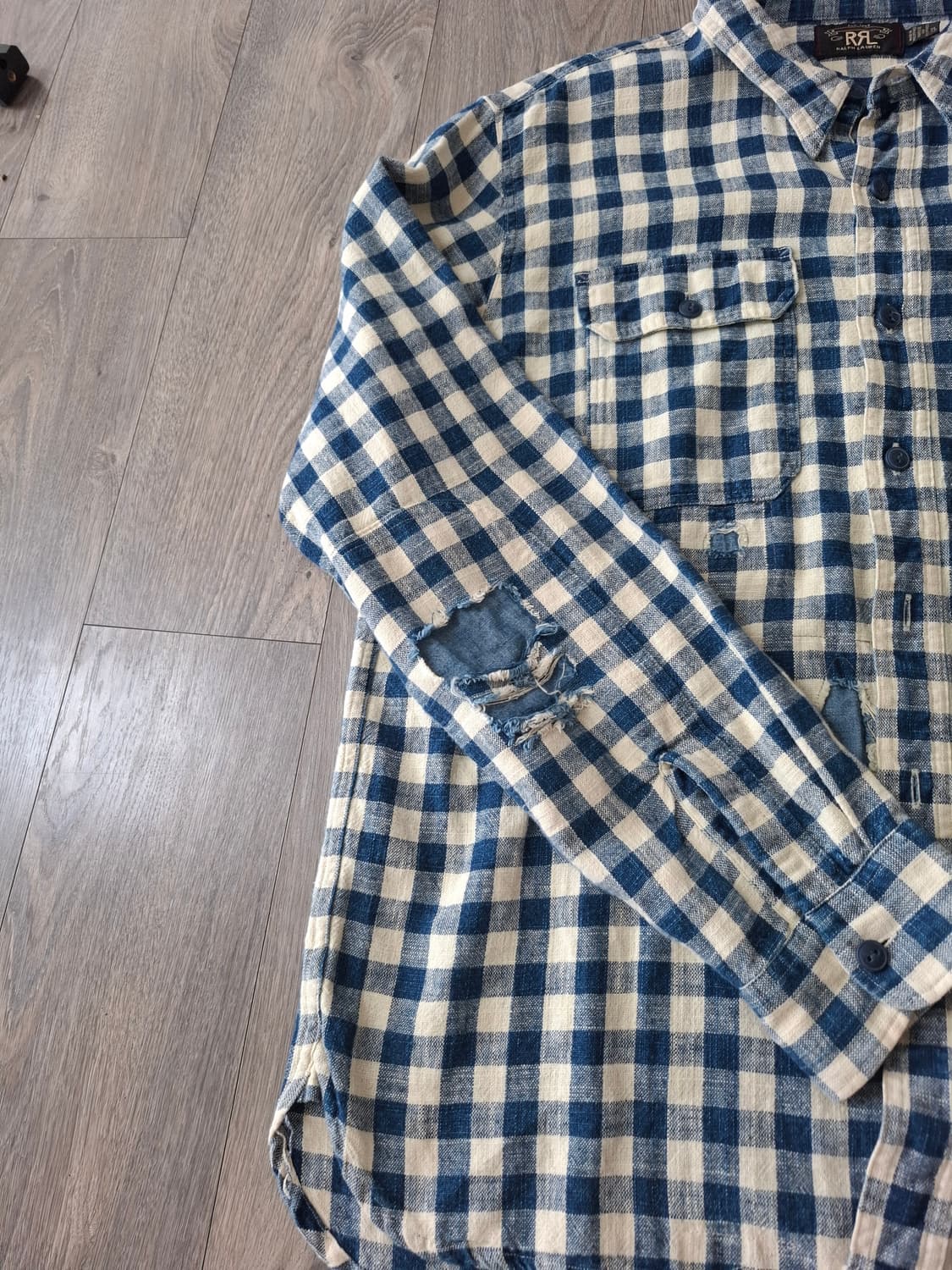 XL RRL 캔버스 블루 체크 데미지 일리노이즈 워크 셔츠 상품이미지3