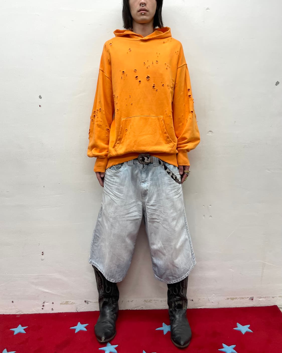 Orange Distressed Loose Hoodie  상품이미지4