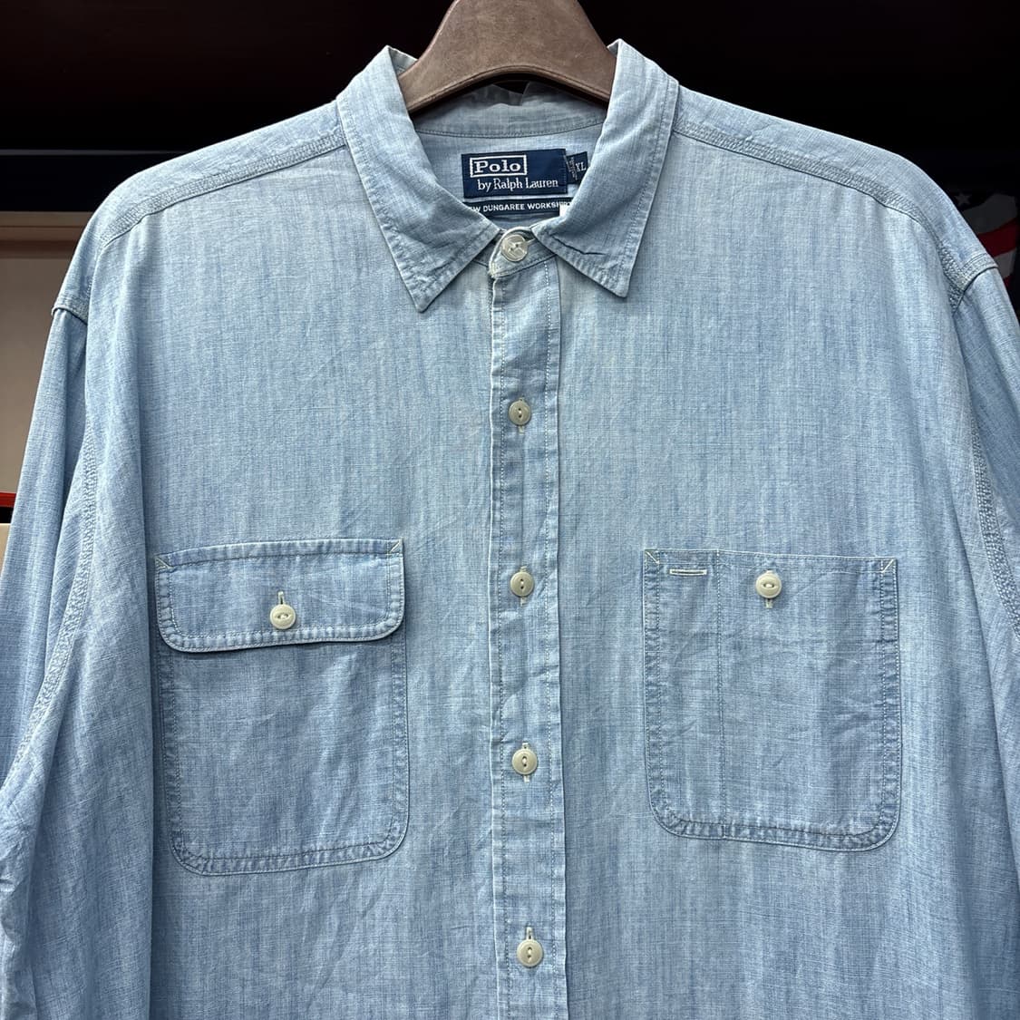 90s 폴로 랄프로렌 뉴 덩가리 샴브레이 워크셔츠 캣아이버튼 N1083 상품이미지3