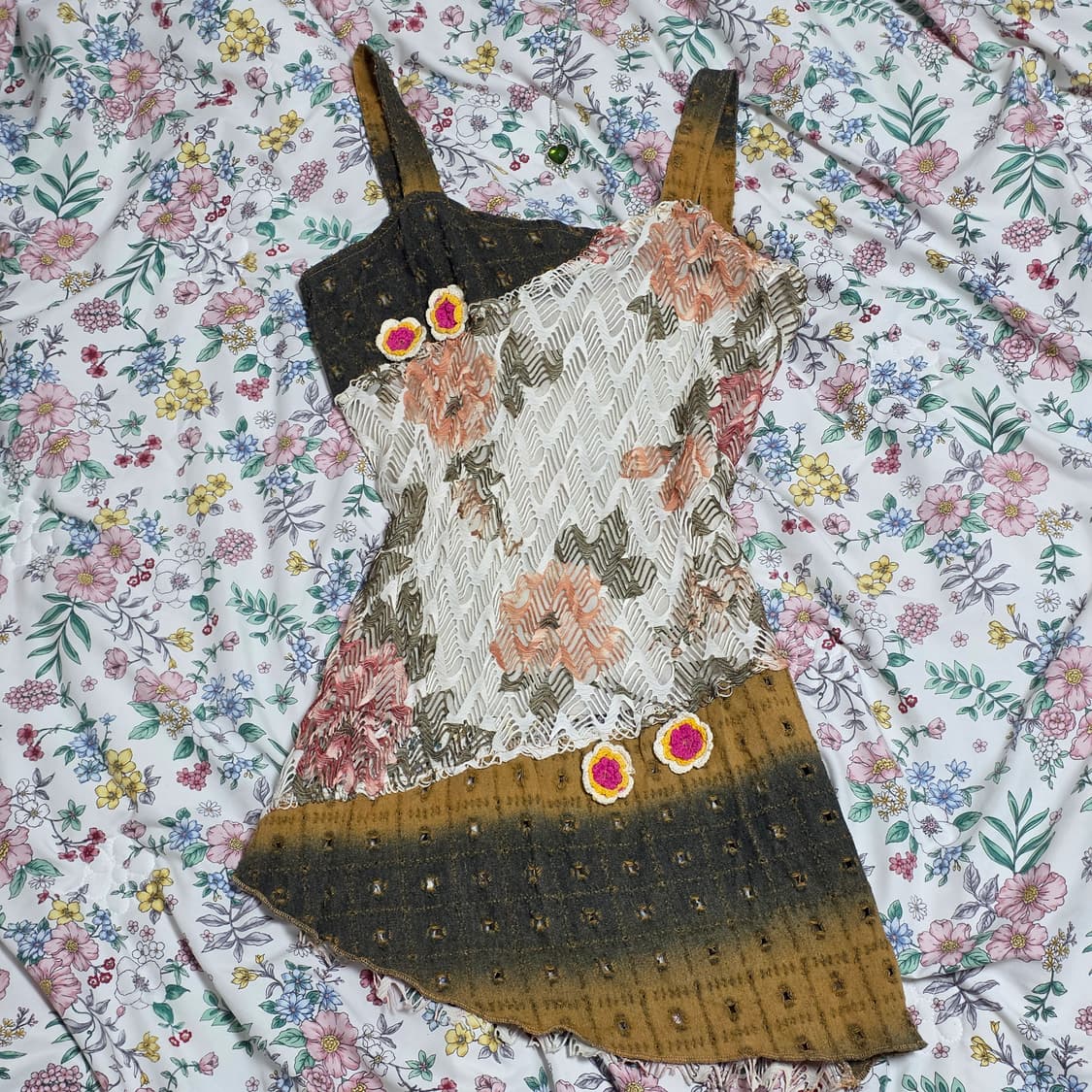 일본빈티지)패치워크st 하구미모리걸 플로럴 보헤미안 레이스 언발슬리브리스 상품이미지4
