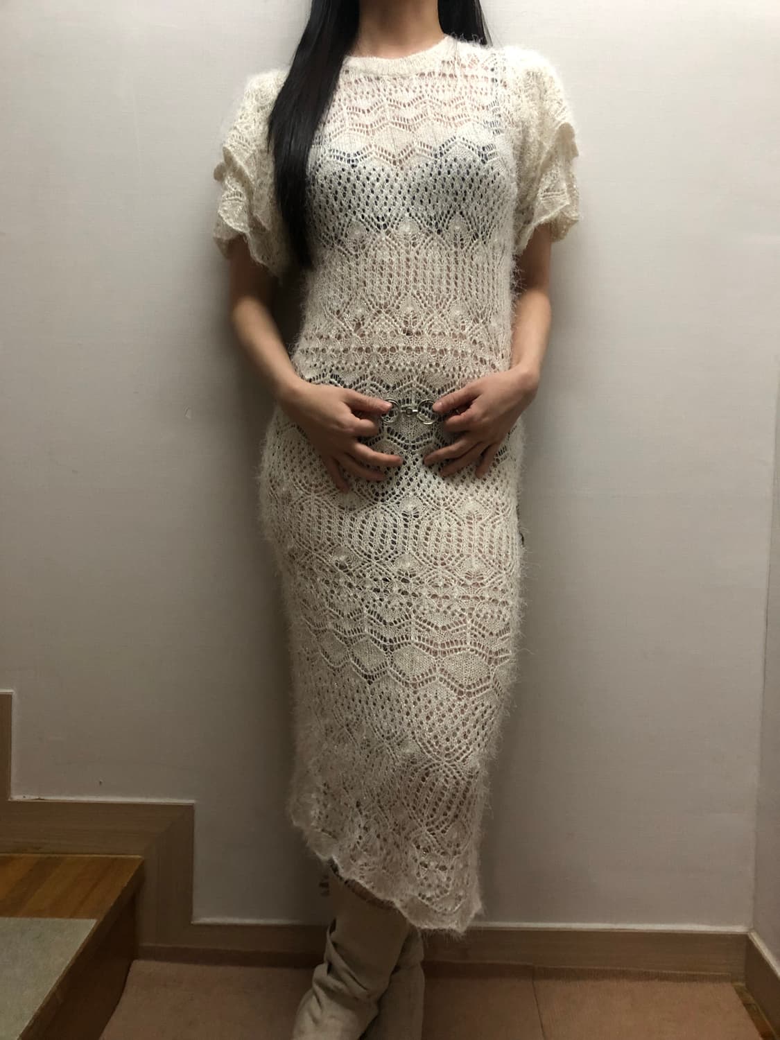 빈티지 화이트 프릴 글리터 니트 원피스 상품이미지1