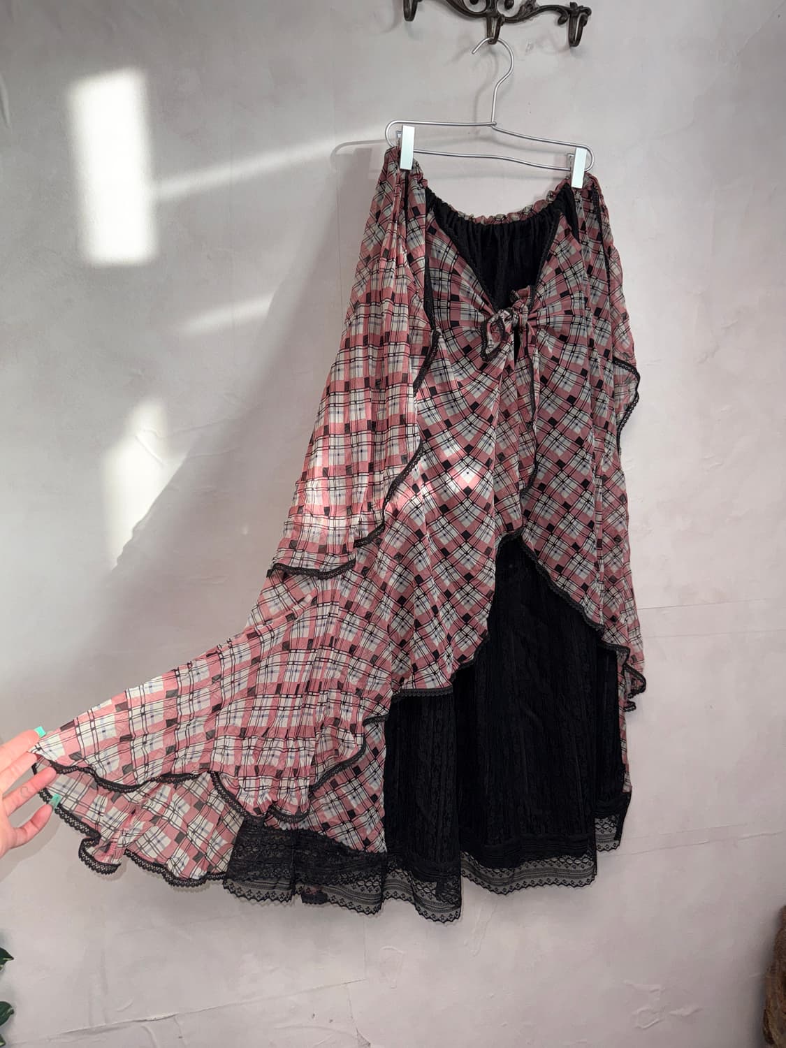 Anna Sui black pink check ruffle skirt 상품이미지3