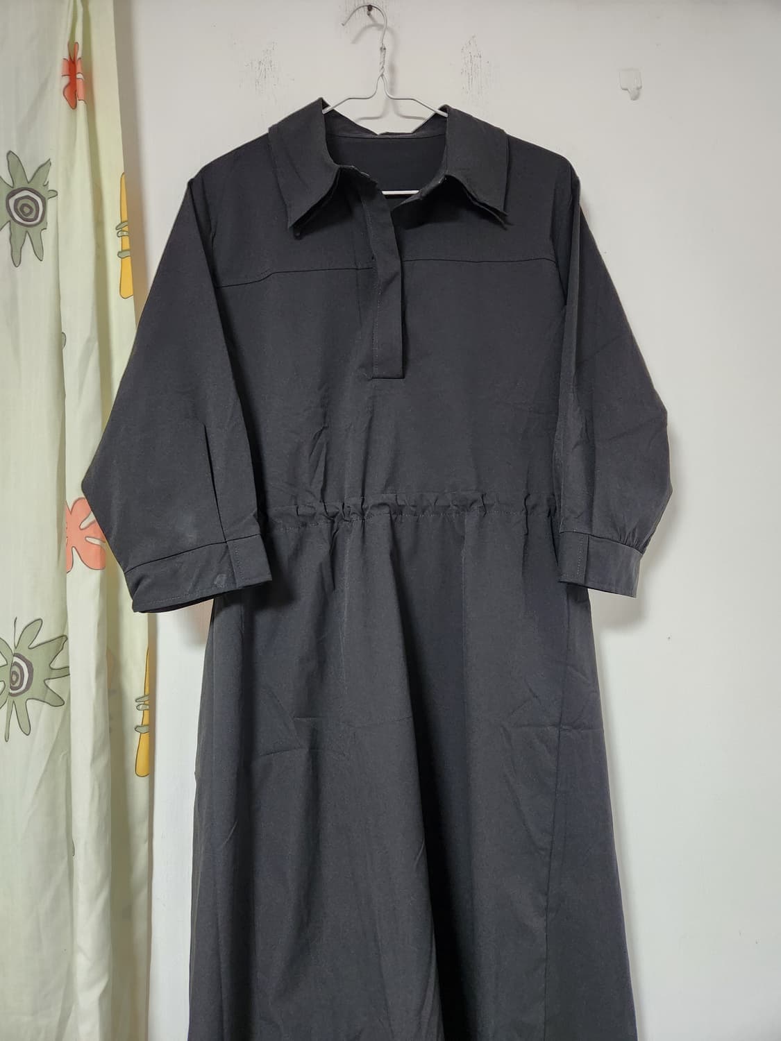 블랙 셔츠형 칠부소매 롱 원피스 트임 77~88 상품이미지3