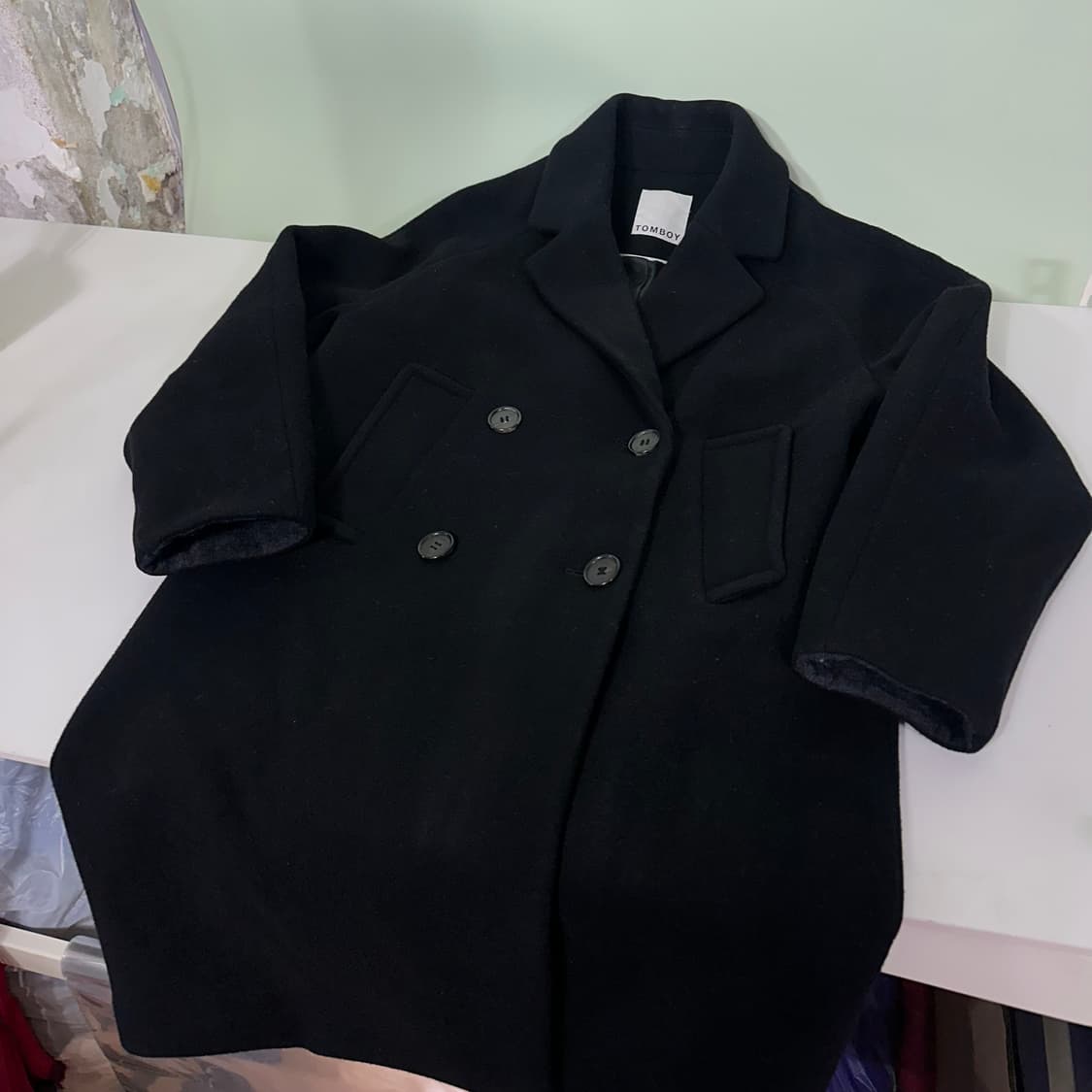 우먼OS 스튜디오톰보이 블랙 카라넥 울 더블코트 상품이미지2
