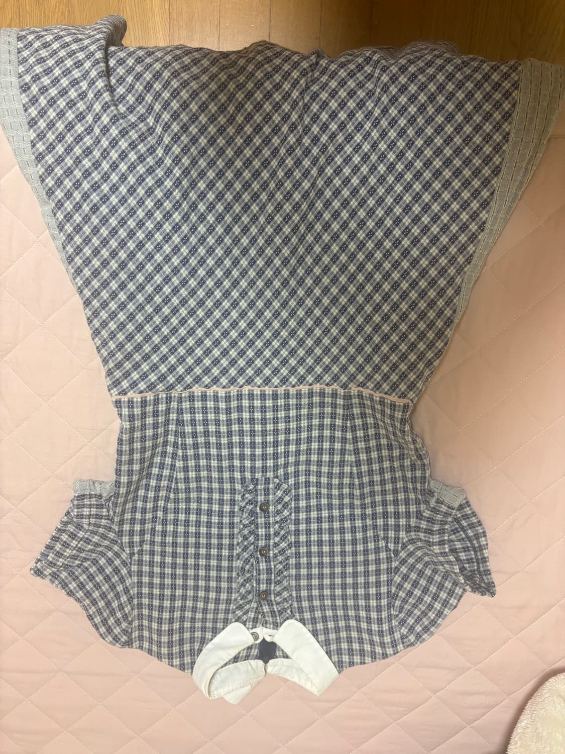 모리걸 하구미 체크 롱 원피스 단추 레이스 배색 레이어드 소녀 상품이미지3