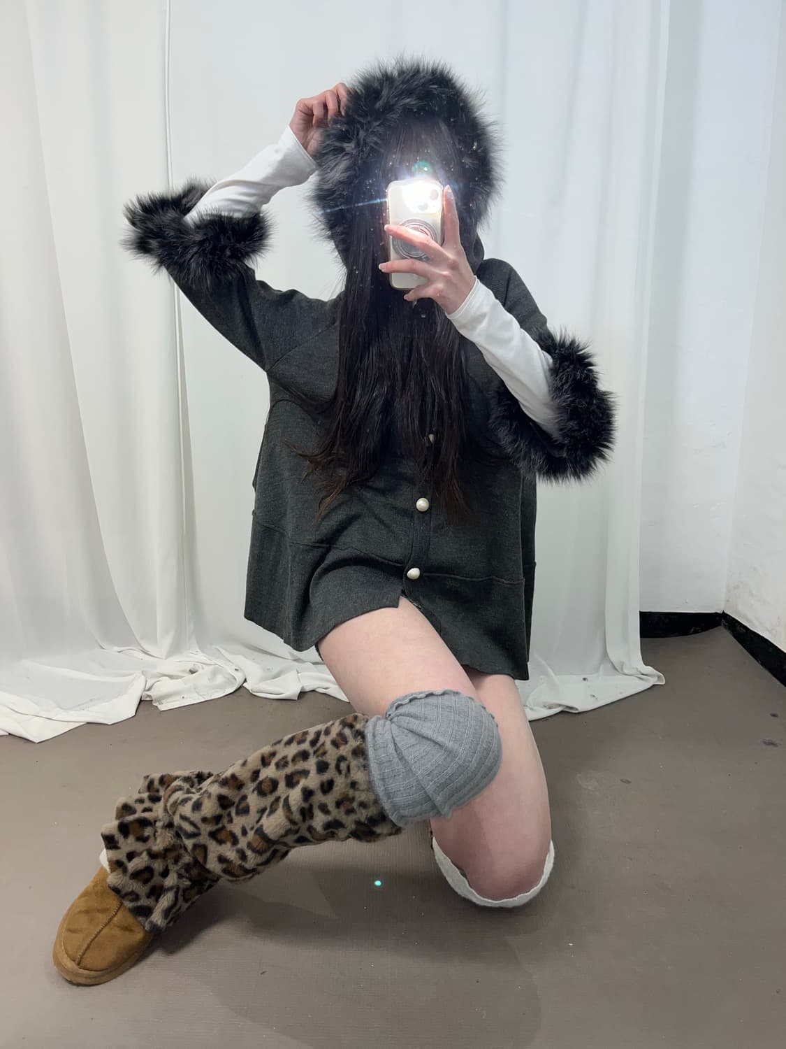 갸루st 울프죠 그레이 후드 판쵸 가디건 상품이미지1