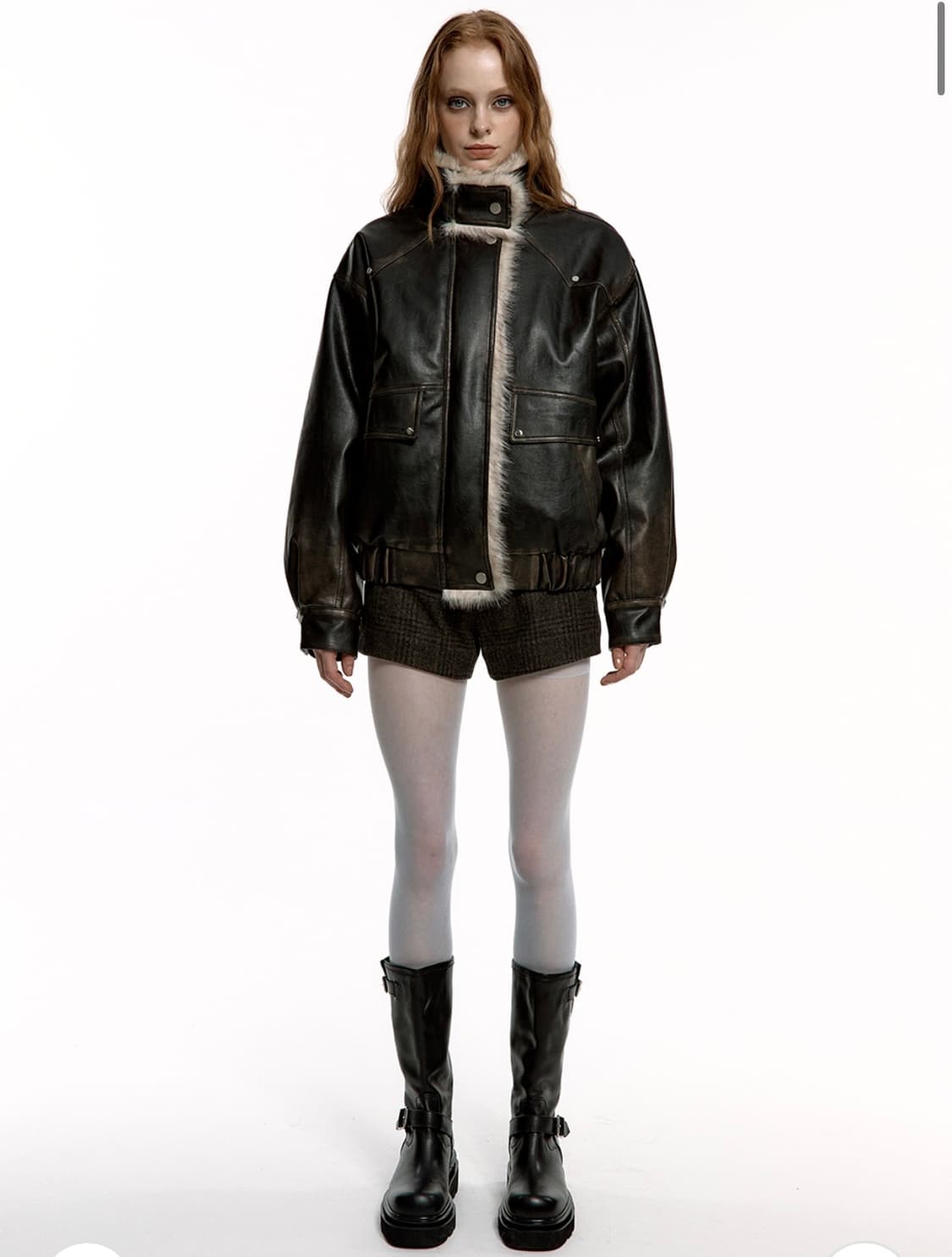 러프넥 워싱 레더 무스탕 자켓 상품이미지1