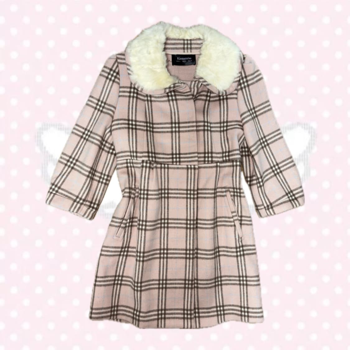 히메갸루 모리걸 빵단추 일본빈티지 핑크 체크 퍼 카라 코트 상품이미지1