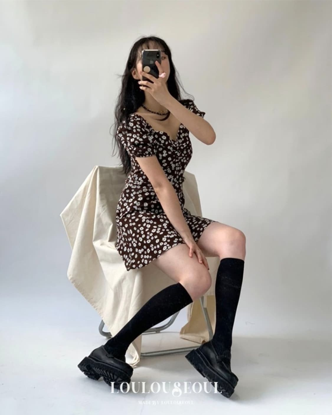 [새상품] 루루서울 리플리 퍼프 미니 드레스 브라운 상품이미지5