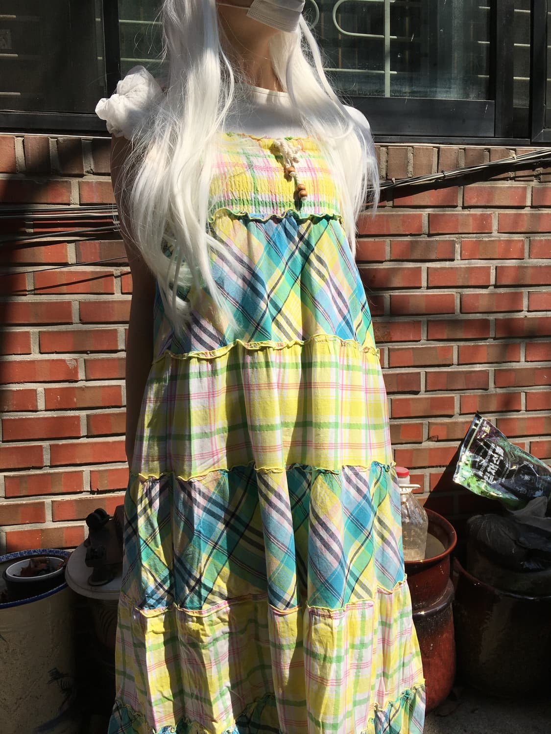 옐로우 체크 티어드 끈 원피스 상품이미지2