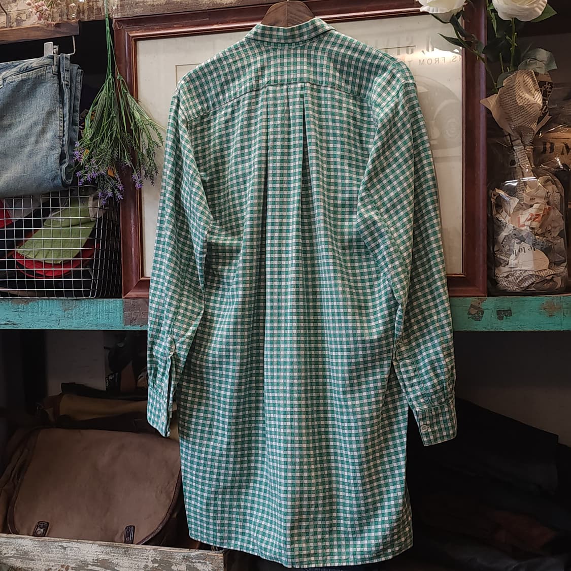 60s 프랑스 워크셔츠 가드너 빈티지 셔츠 그린 체크 롱 튜닉 셔츠 L 상품이미지5