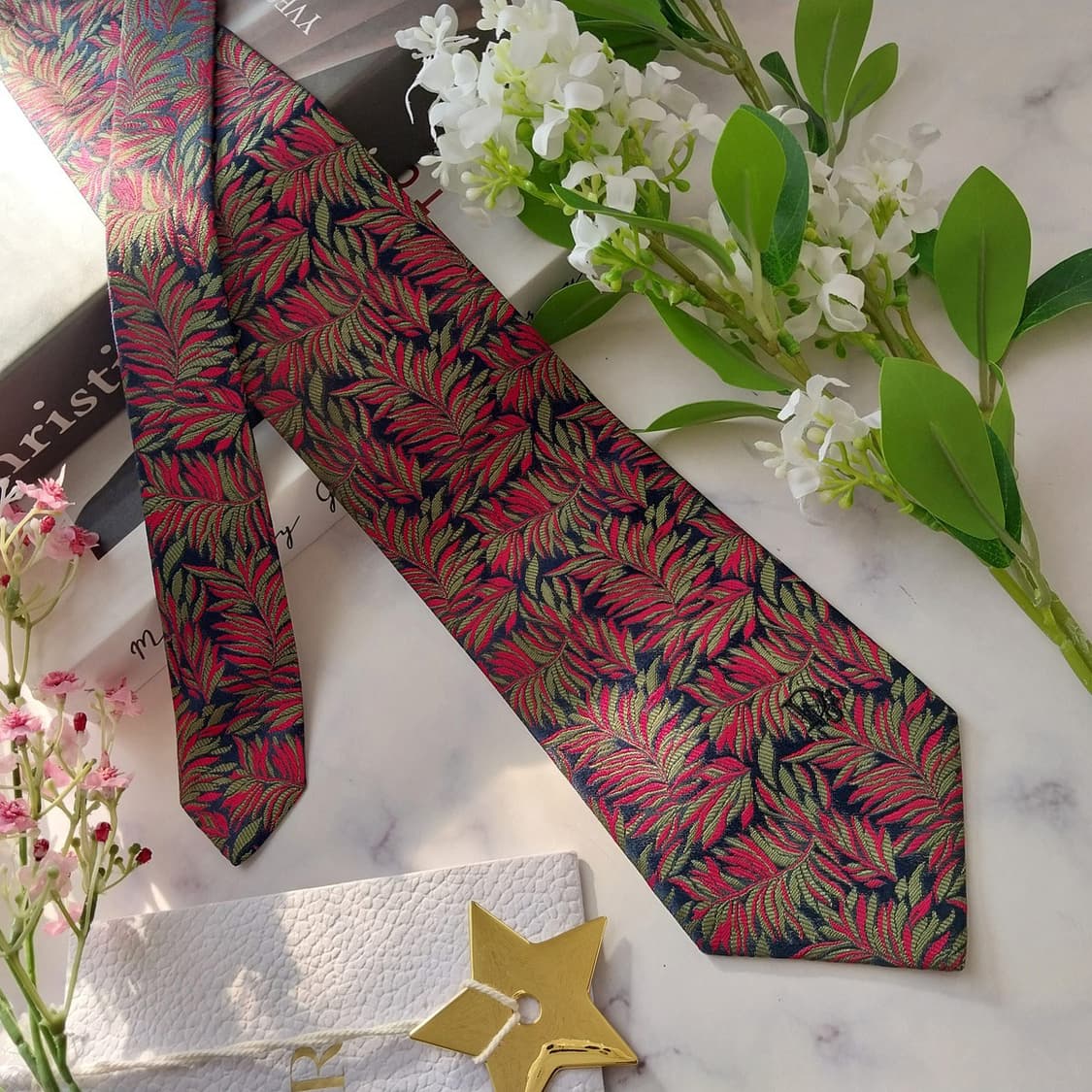 크리스찬 디올 실크 네이비 리프 자카드 넥타이 9cm A+등급 K1871 상품이미지3