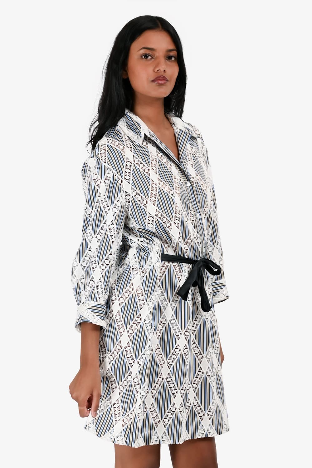 산드로 블루/화이트 스트라이프 코튼/레이스 셔츠 드레스 상품이미지3