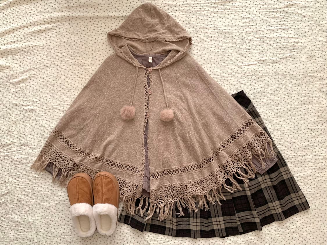 코코아 라떼 크로쉐 모리 니트 후드 케이프 상품이미지1