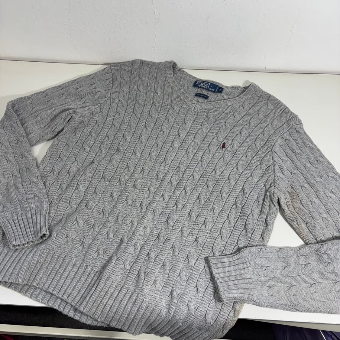 우먼M-L 폴로랄프로렌 그레이 기본로고 브이넥 꽈배기니트 상품이미지1