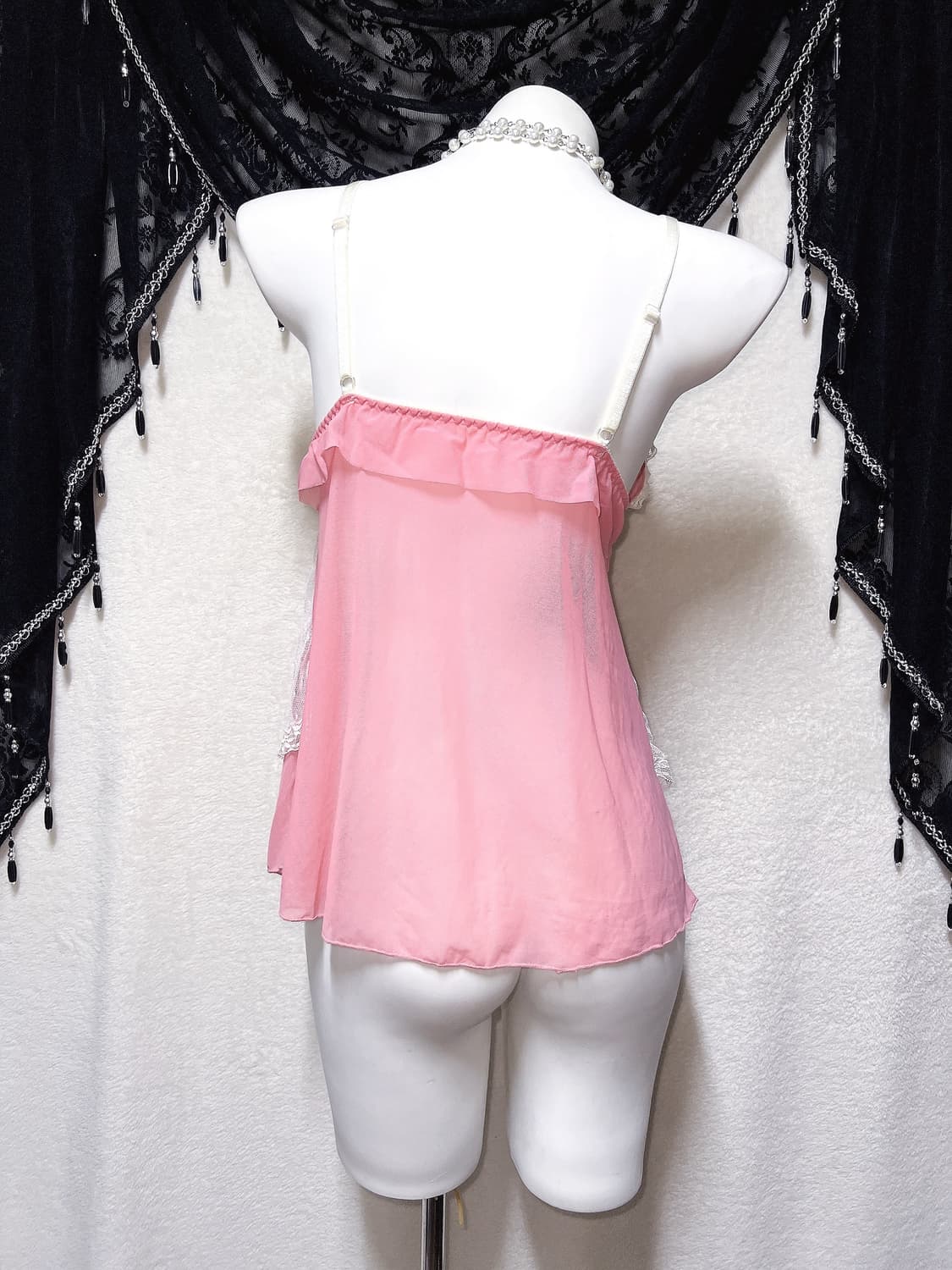 히메갸루 로맨틱 로걀 핑크 도트 레이스 프릴 슬리브리스 나시 슬립 핀터 상품이미지8