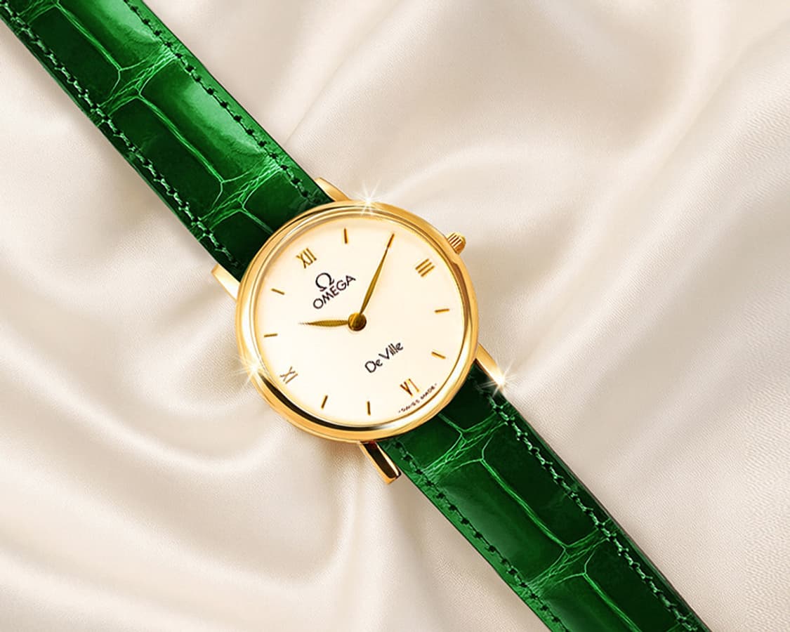 오메가 드빌 희귀 화이트 아이보리 다이얼 여성 그린 악어 가죽 시계 상품이미지1