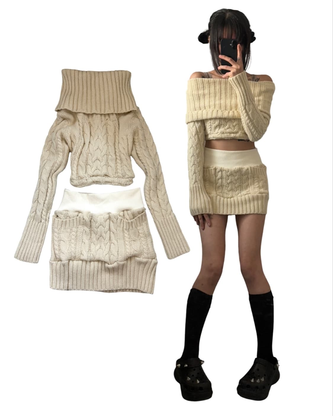 • Ivory off-shoulder sweater setup 상품이미지1