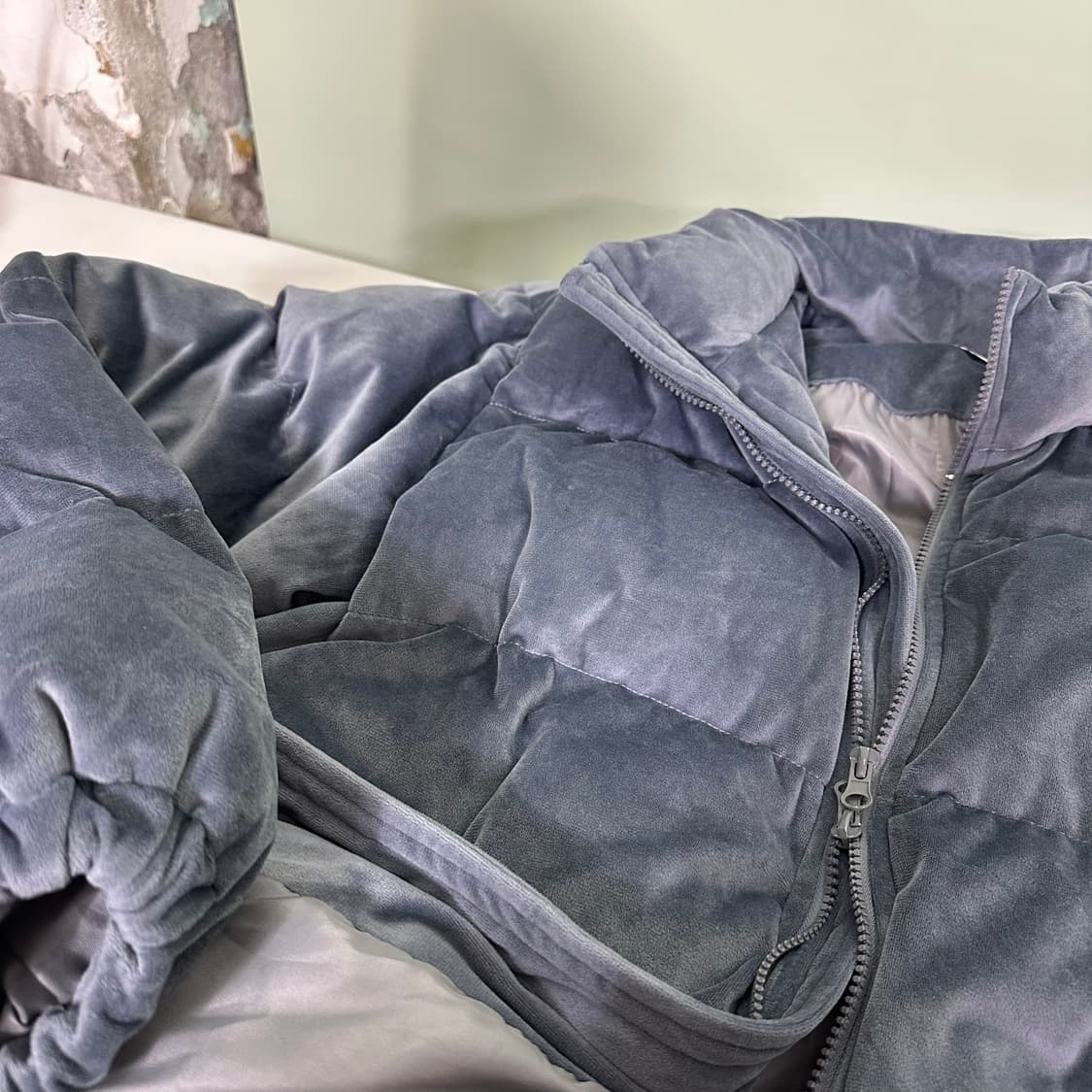 100-105 DAVID CHEN 블루 벨벳 패딩 상품이미지2