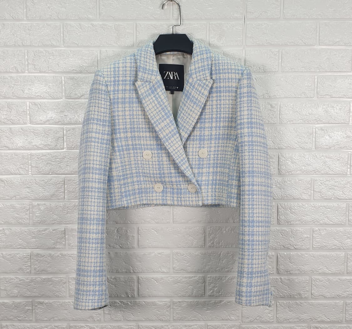 [55]자라 블루 체크 트위드 크롭자켓 상품이미지3