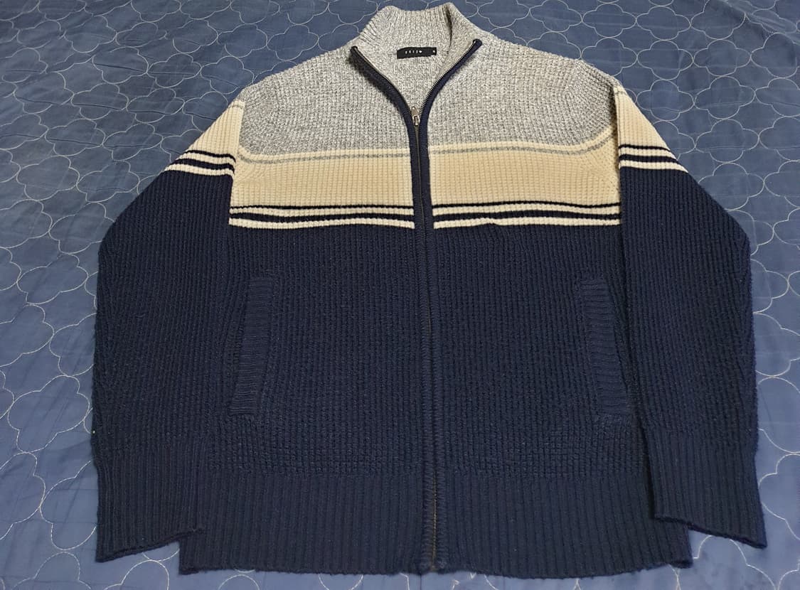 UGIZ 클래식 와플패턴 배색 니트집업 네이비 (M) 상품이미지1