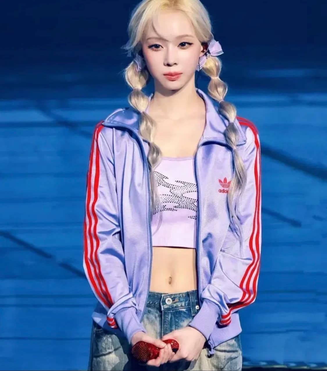 아디다스 희귀 에스파 윈터 파이어버드 빅로고 라벤더 퍼플 져지 XS 상품이미지4