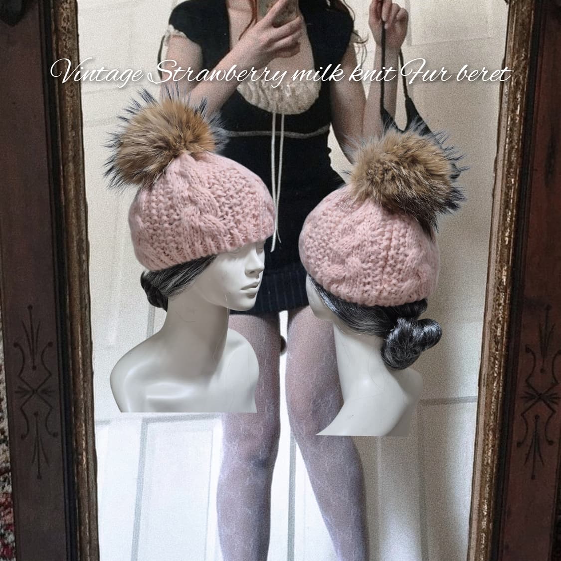 Vintage Strawberry milk knit Fur beret 상품이미지1