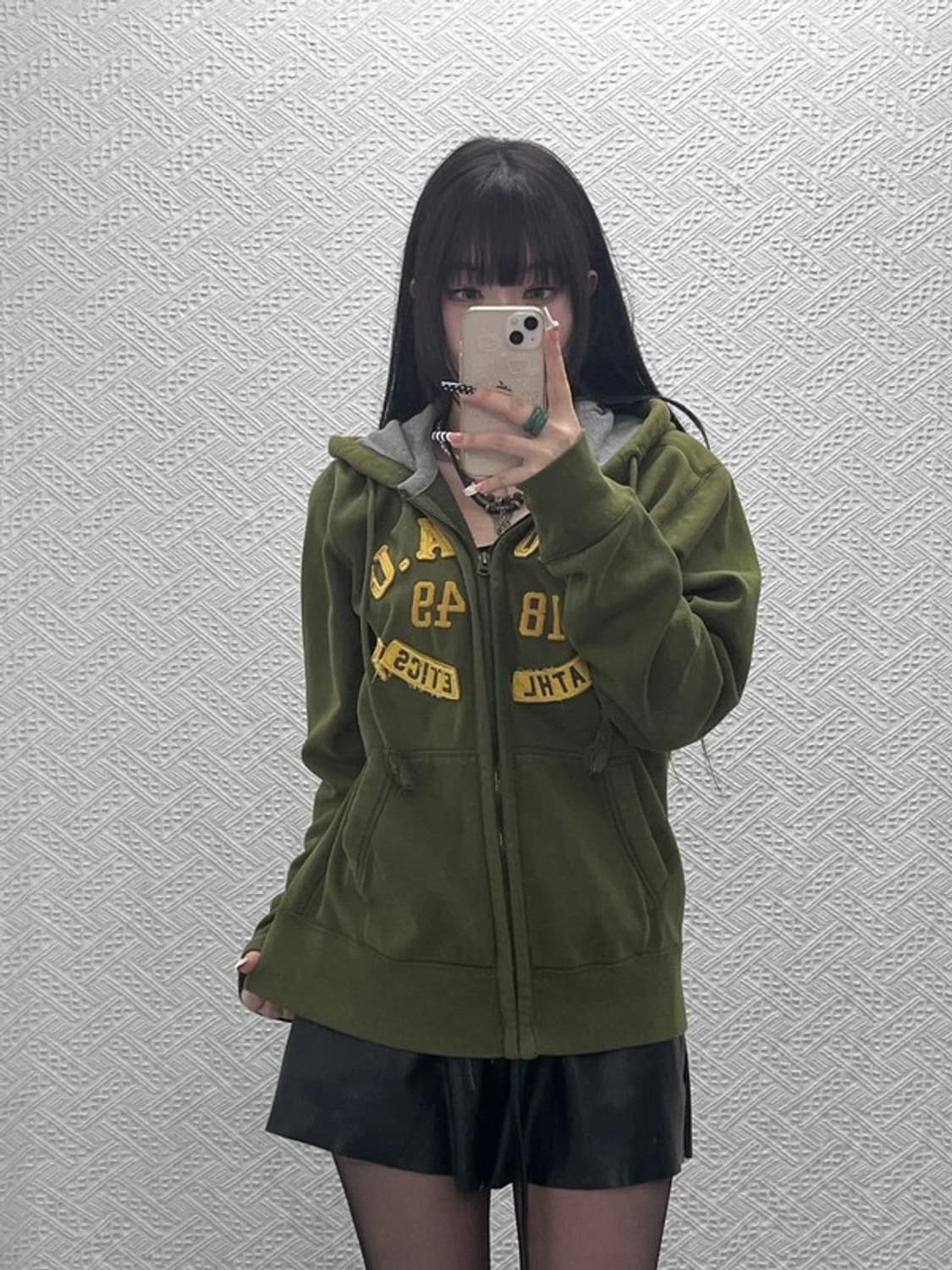 후아유 Y2K 레트로 말차카키 데미지 후드집업 XL C10096 상품이미지2